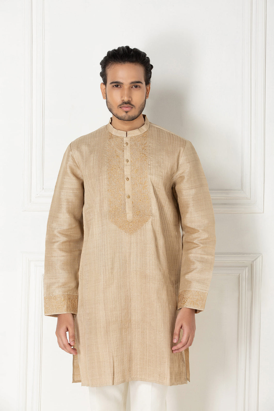 Muga Pintuck Kurta With Kasab Embroidery Work