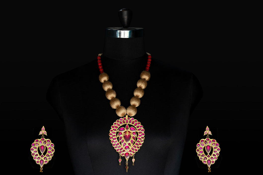 Real Stone Heavy Pink Dugdugi Set With Big Size Muga Beads