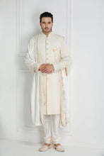 Load image into Gallery viewer, White Basket Weave Eri Sherwani With Handcrafted Buttons With Dupatta &amp; Juttis
