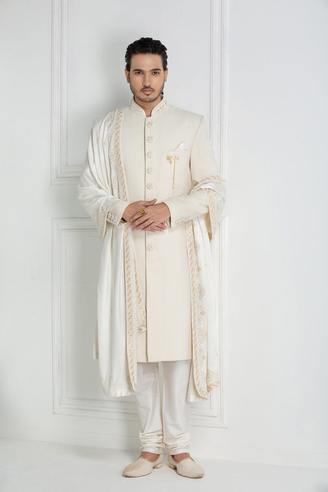 White Basket Weave Eri Sherwani With Handcrafted Buttons With Dupatta & Juttis