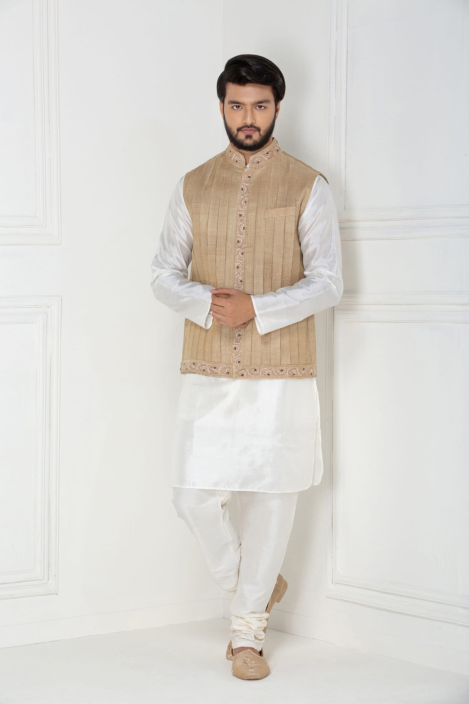 Zani And Jalidar Panel Waistcoat With Embroidered Colour And Button Patti + Hem