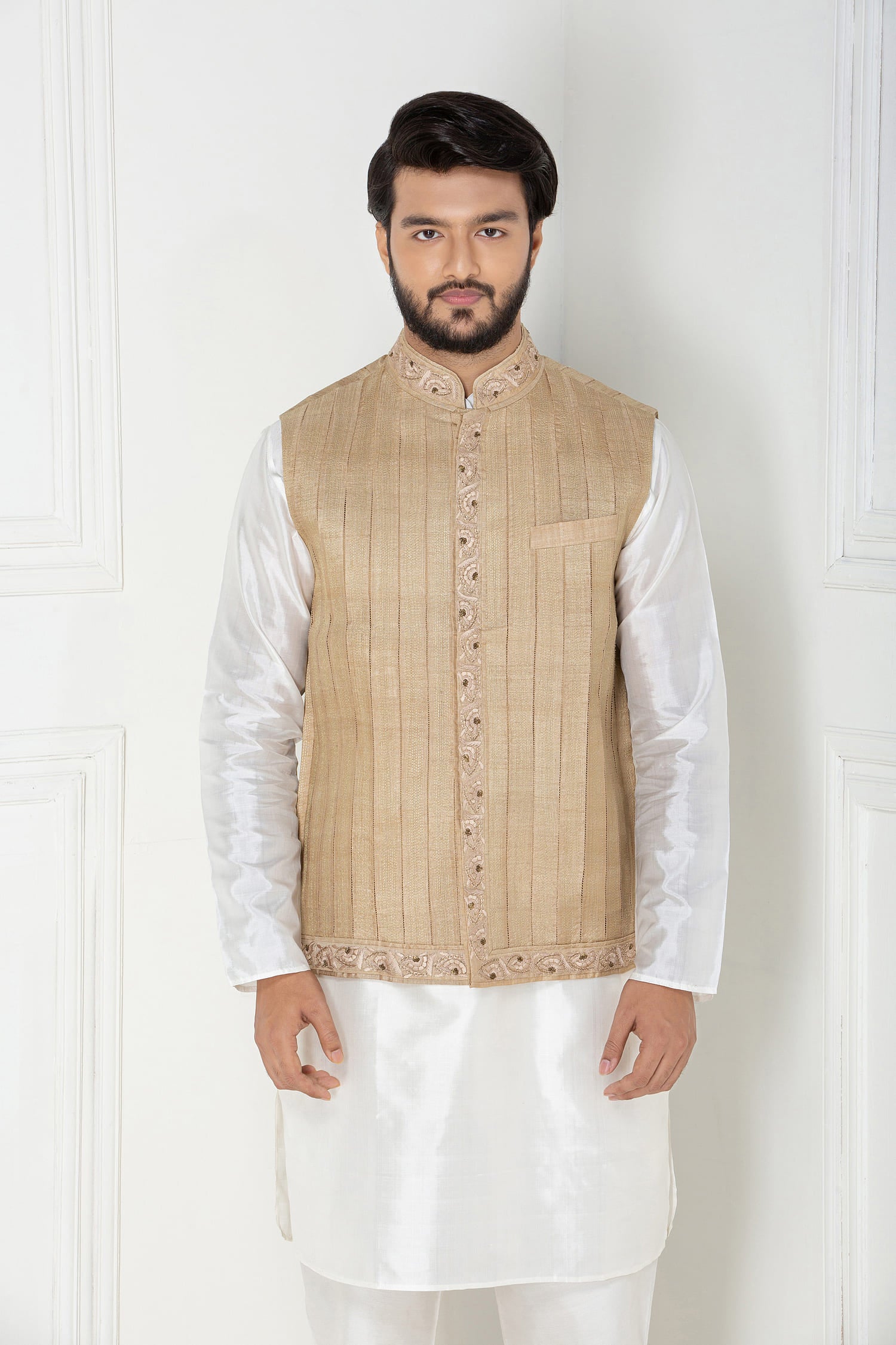 Zani And Jalidar Panel Waistcoat With Embroidered Colour And Button Patti + Hem