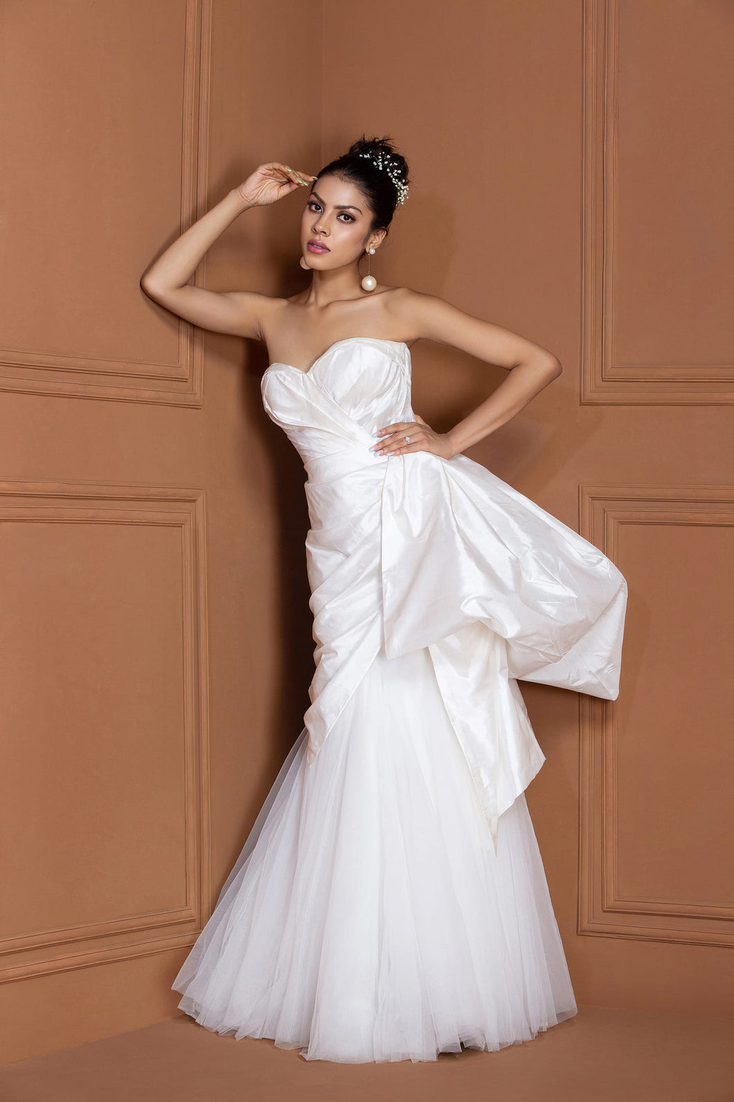 Fine Pat Corset Pleated Gown With A Drape Belt And Bow