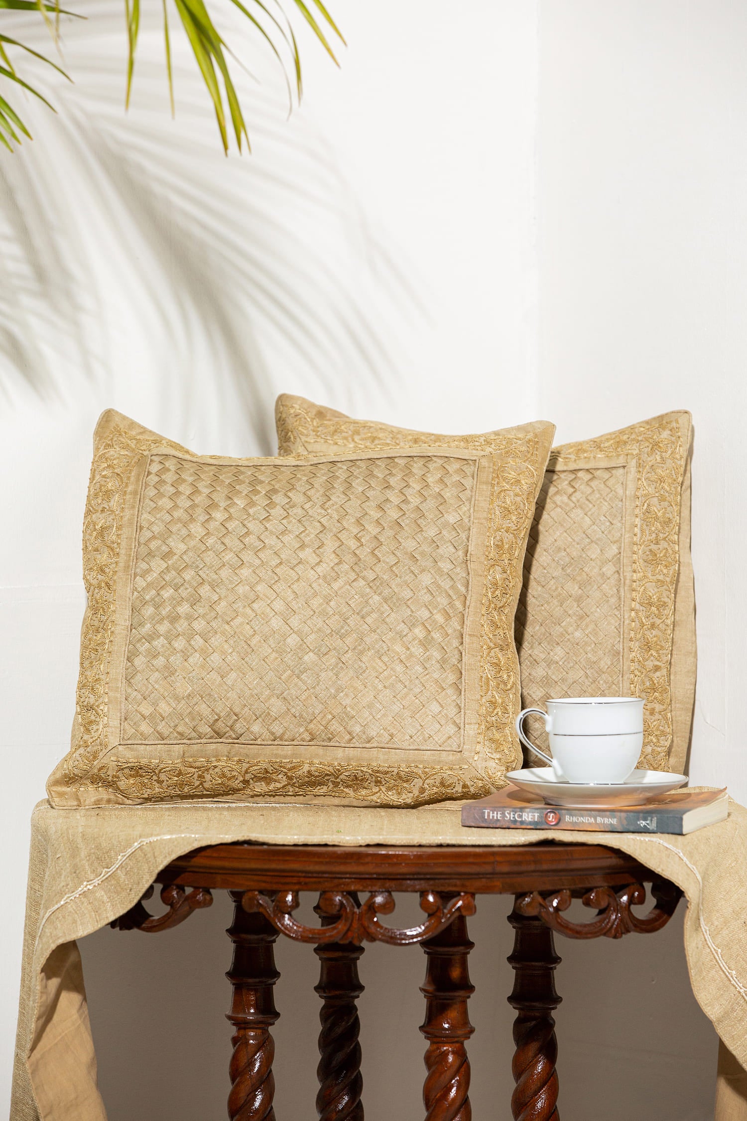 Weaved Muga Cushion With Zardozi Border